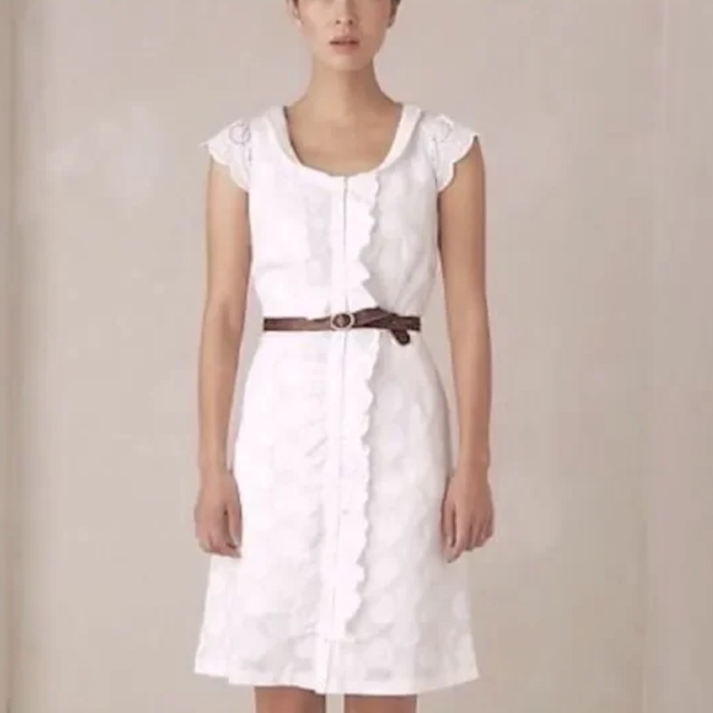 Anthropologie White Scalloped Eyelet Dress with Brown Belt